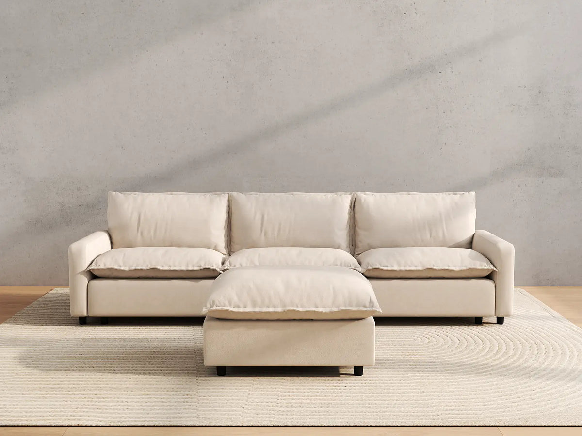 Modular Cero Modular Sectionals | 4-Piece Beige Linen Large Space Chaise Sectionals 3-Seater with 1-Ottoman