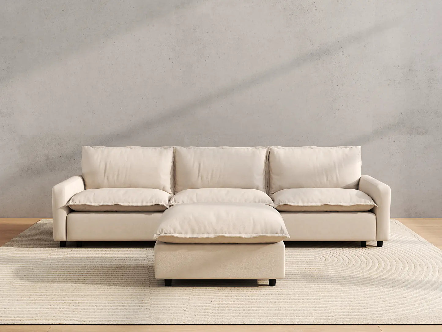 Modular Cero Modular Sectionals | 4-Piece Beige Linen Large Space Chaise Sectionals 3-Seater with 1-Ottoman