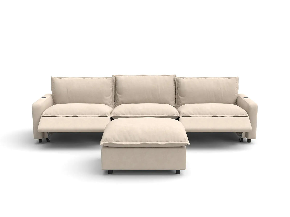 Modular Cero Reclining Sectionals | 4-Piece Beige Linen Large Space Chaise Sectionals 3-Seater with 1-Ottoman