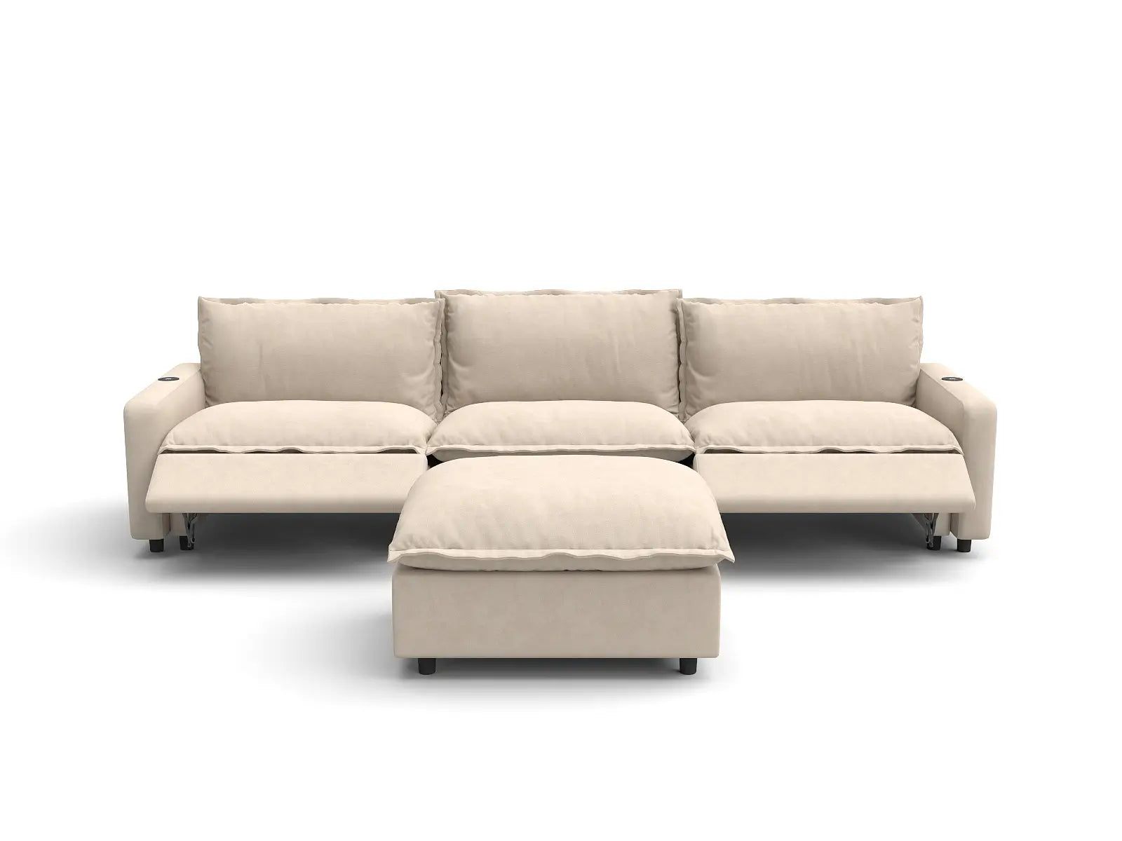 Modular Cero Reclining Sectional with Chaise | 4-Piece Beige Linen Large Space Chaise Sectionals 3-Seater with 1-Ottoman