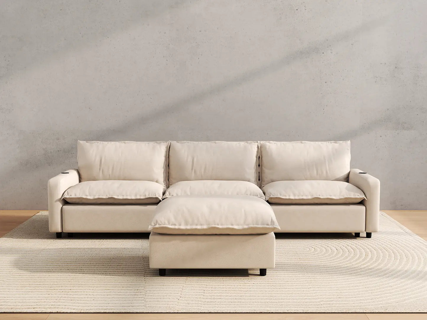 Modular Cero Sectional with Recliner and Chaise | 4-Piece Beige Linen Large Space Chaise Sectionals 3-Seater with 1-Ottoman