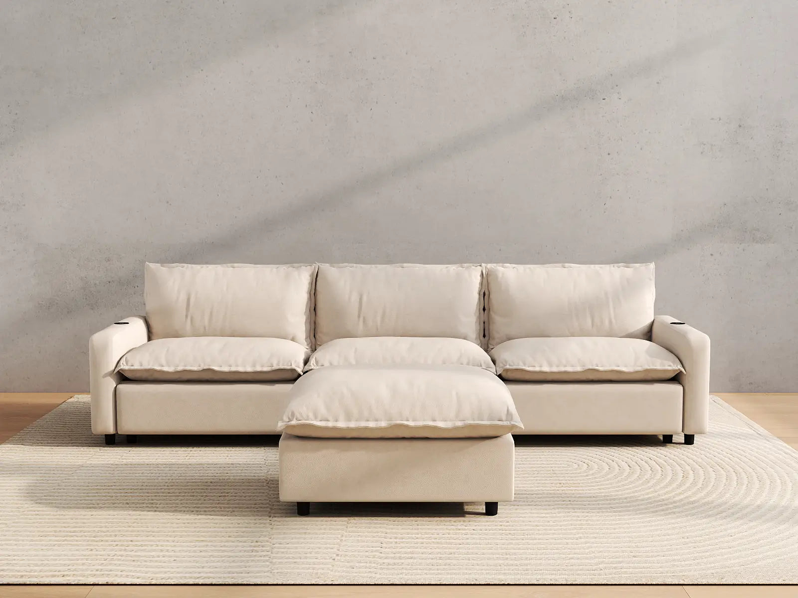 Modular Cero Sectional with Recliner and Chaise | 4-Piece Beige Linen Large Space Chaise Sectionals 3-Seater with 1-Ottoman