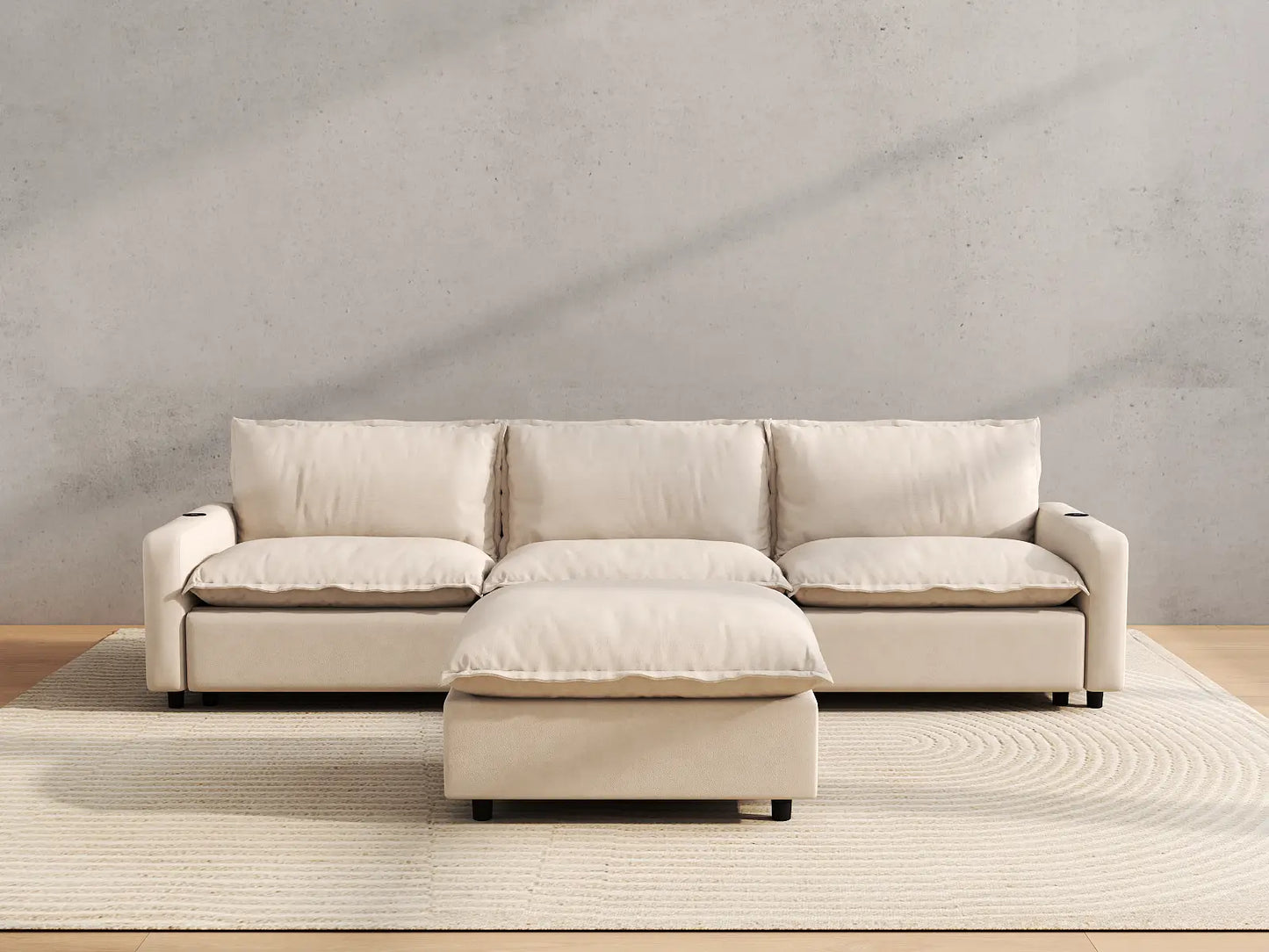 Modular Cero Reclining Sectionals | 4-Piece Beige Linen Large Space Chaise Sectionals 3-Seater with 1-Ottoman