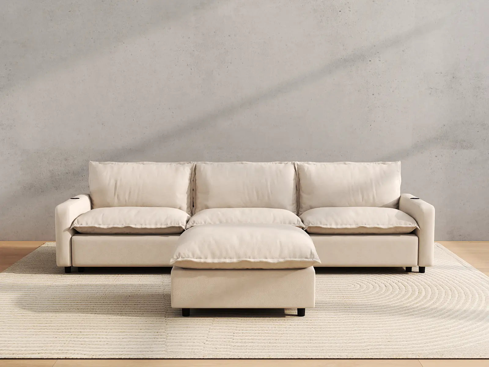 Modular Cero Reclining Sectional with Chaise | 4-Piece Beige Linen Large Space Chaise Sectionals 3-Seater with 1-Ottoman