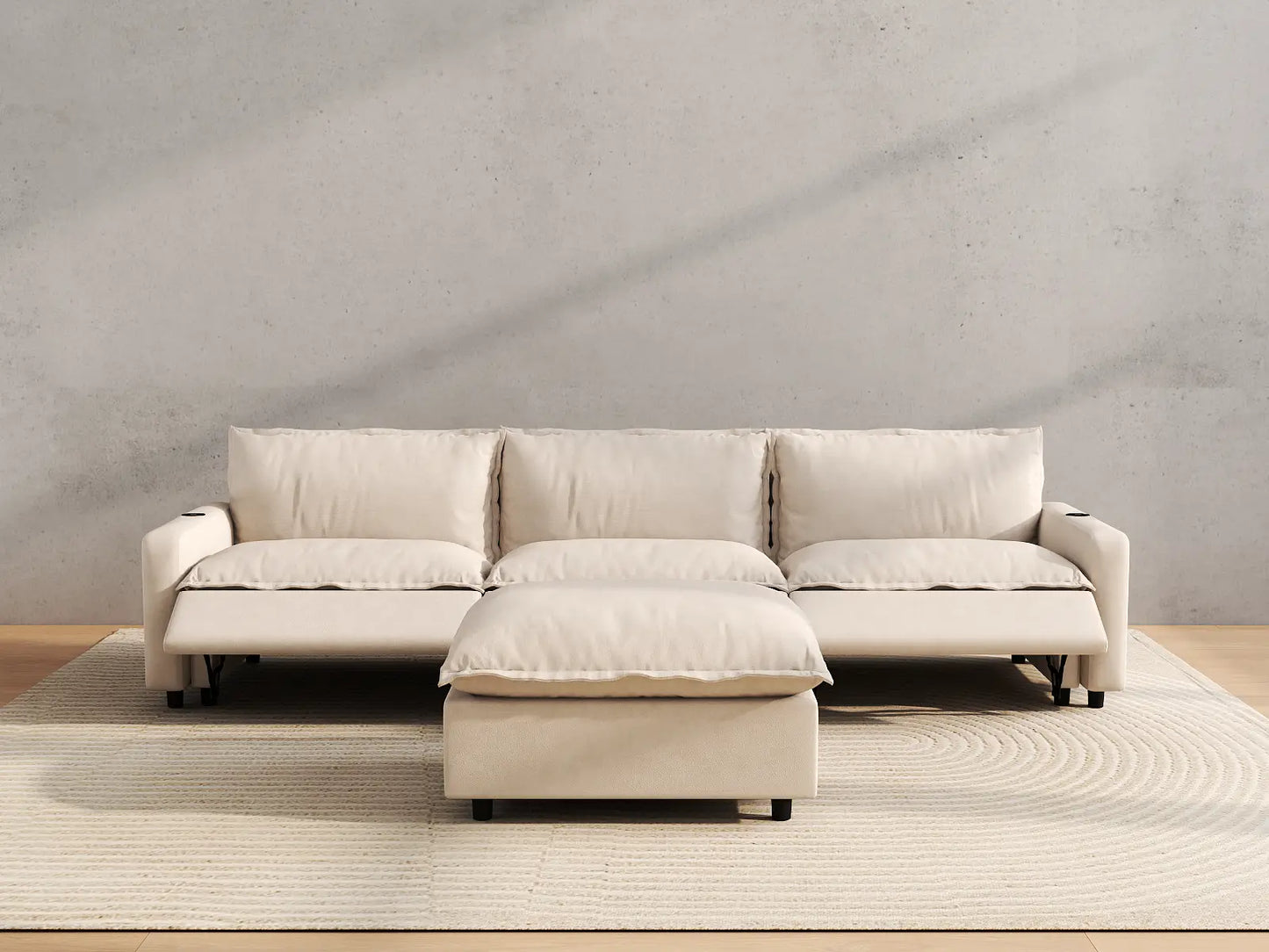Modular Cero Sectional with Recliner and Chaise | 4-Piece Beige Linen Large Space Chaise Sectionals 3-Seater with 1-Ottoman