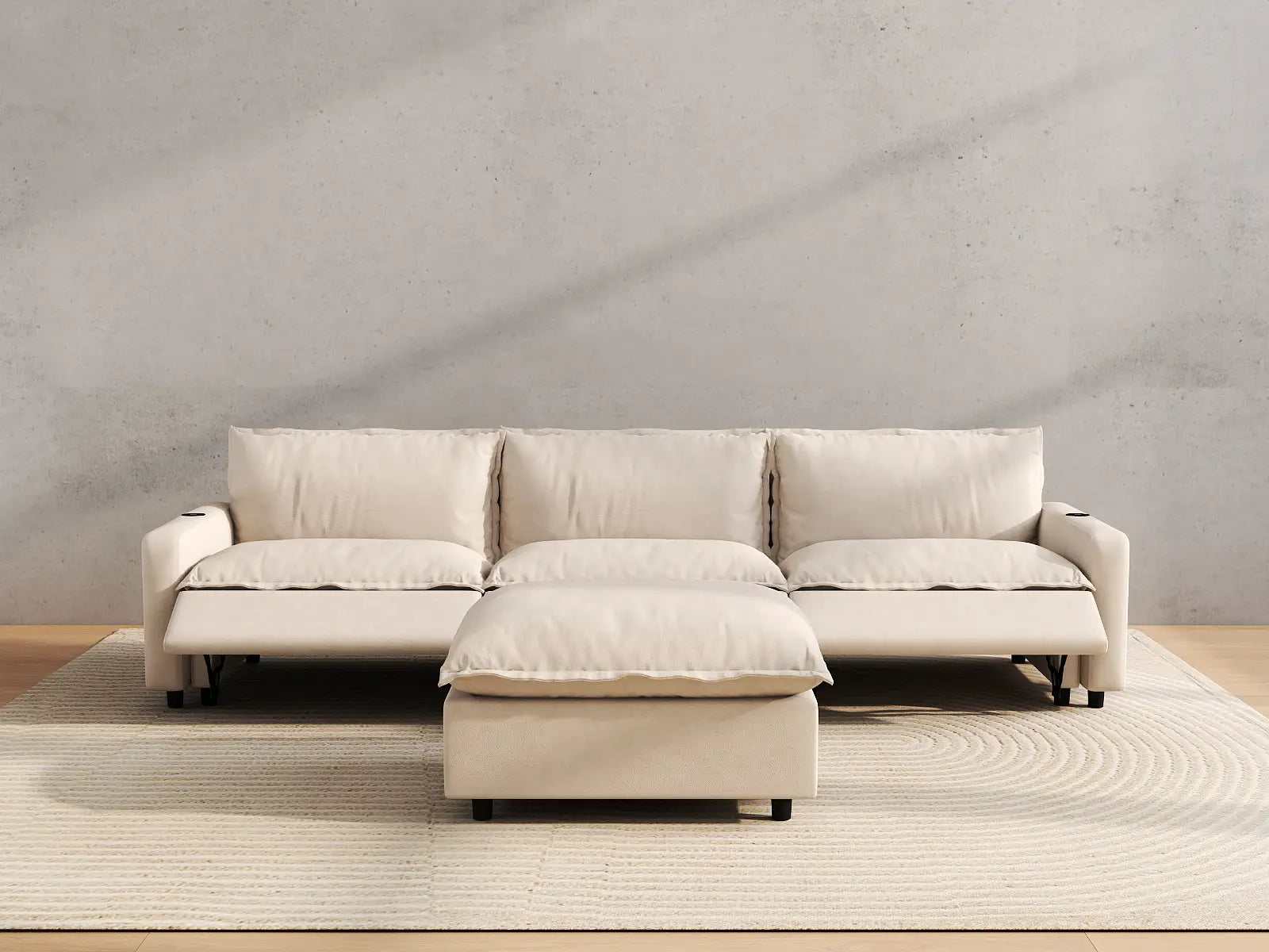 Modular Cero Sectional with Recliner and Chaise | 4-Piece Beige Linen Large Space Chaise Sectionals 3-Seater with 1-Ottoman