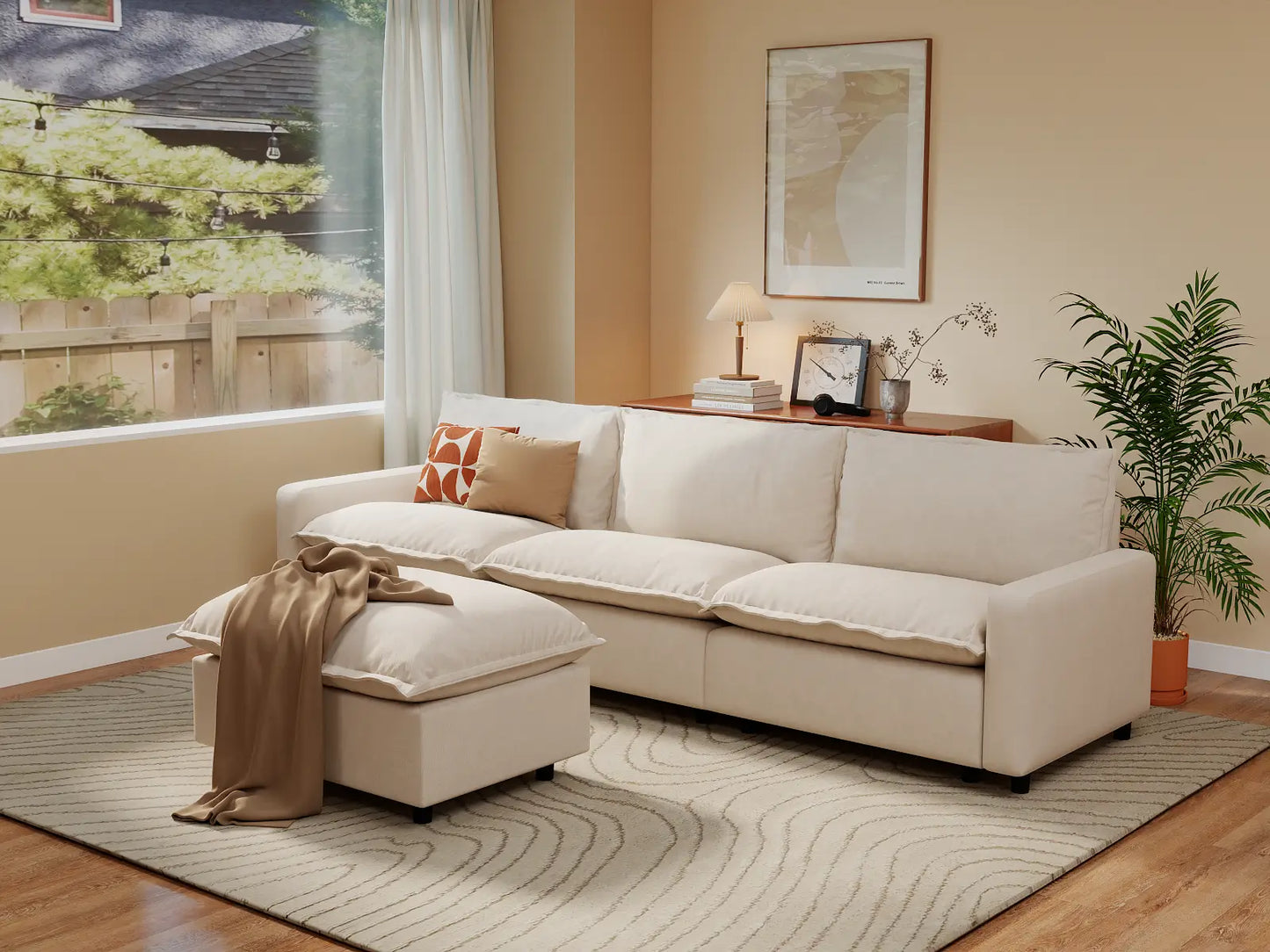 Modular Cero Modular Sectionals | 4-Piece Beige Linen Large Space Chaise Sectionals 3-Seater with 1-Ottoman