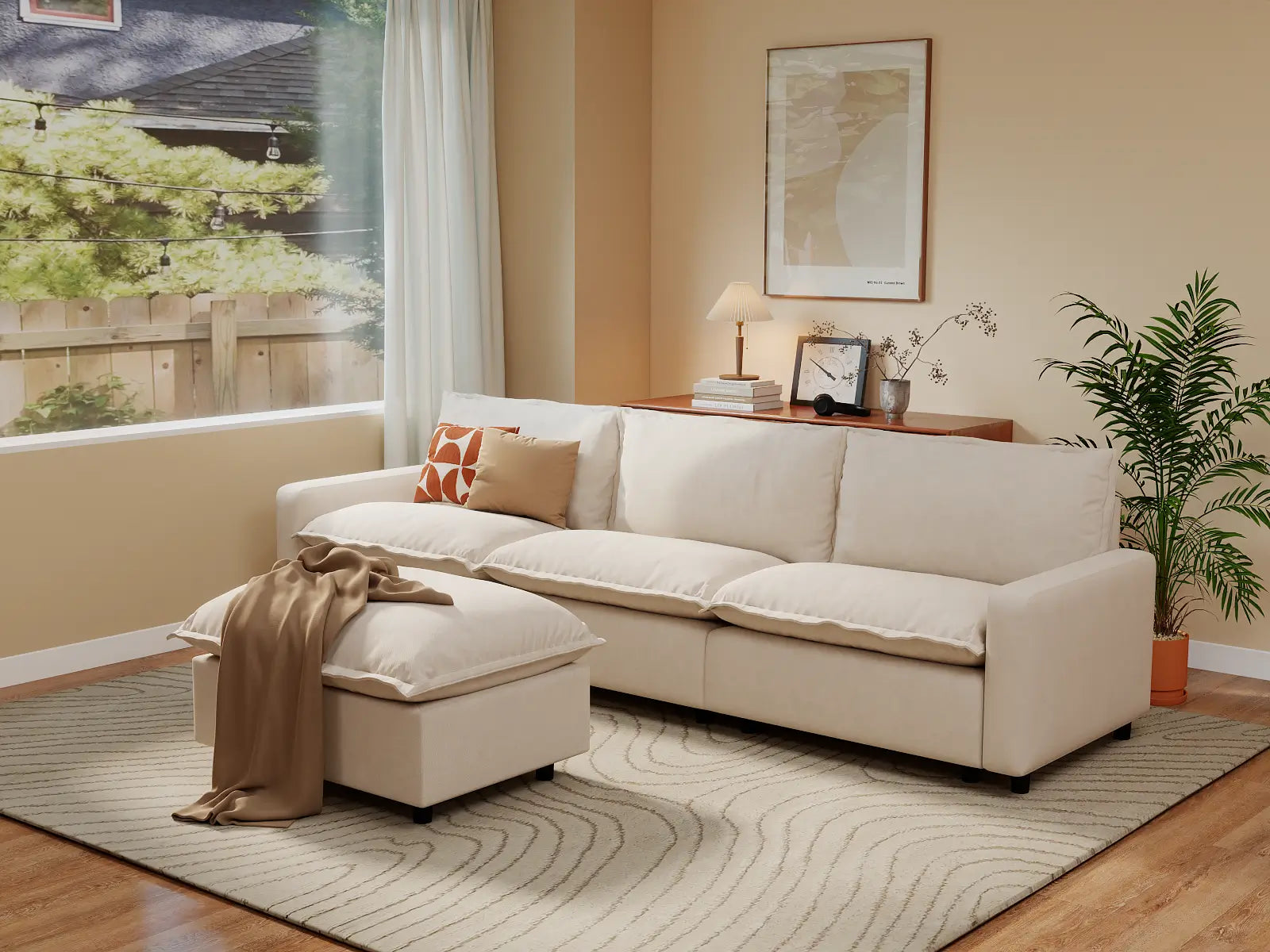 Modular Cero Modular Sectional with Ottoman | 4-Piece Beige Linen Large Space Chaise Sectionals 3-Seater with 1-Ottoman