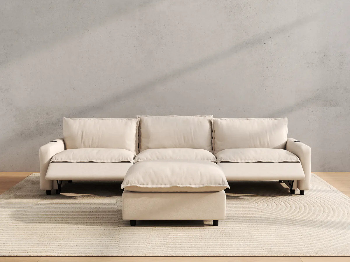Modular Cero Reclining Sectionals | 4-Piece Beige Linen Large Space Chaise Sectionals 3-Seater with 1-Ottoman