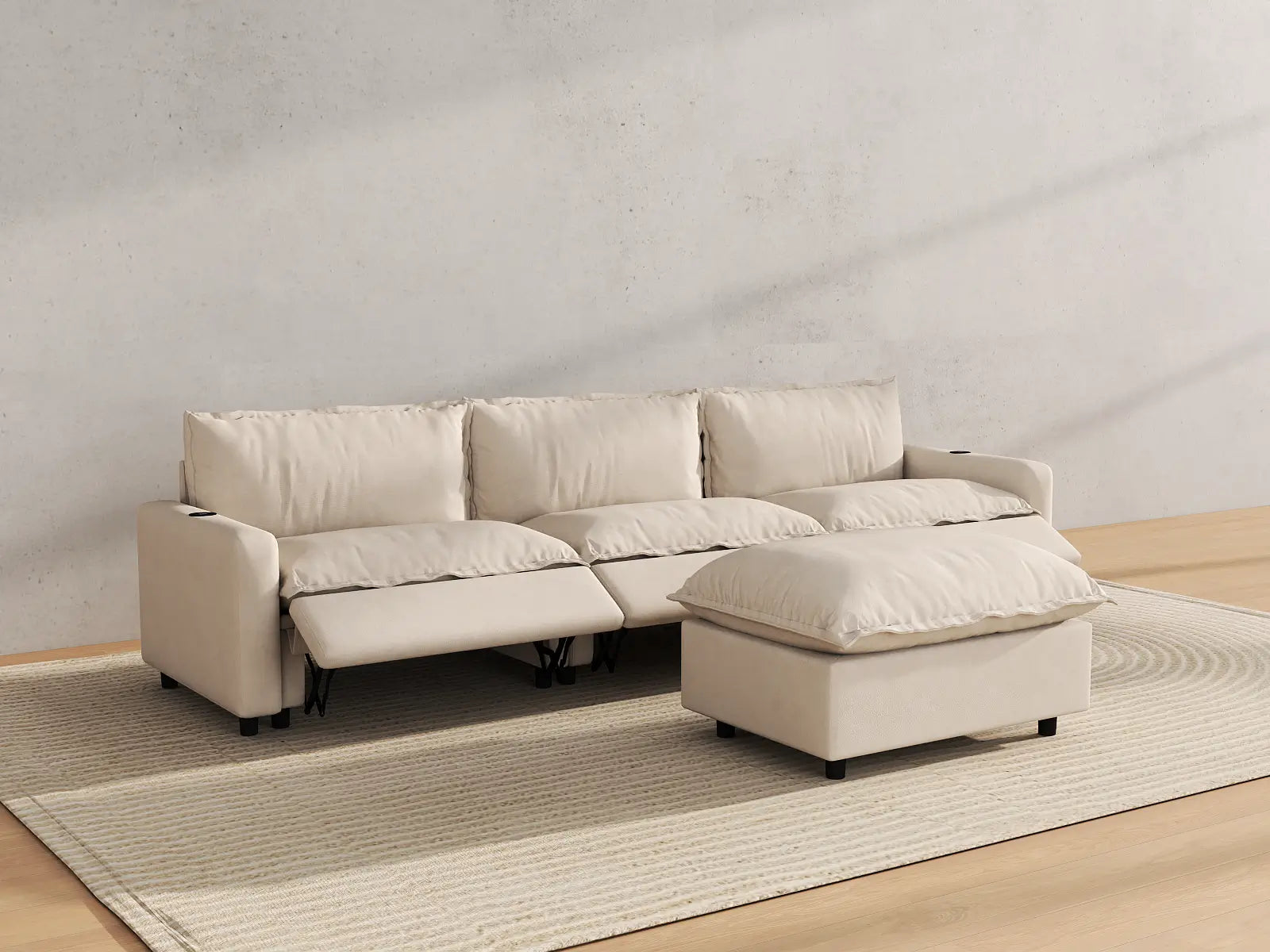 Modular Cero Sectional with Recliner and Chaise | 4-Piece Beige Linen Large Space Chaise Sectionals 3-Seater with 1-Ottoman