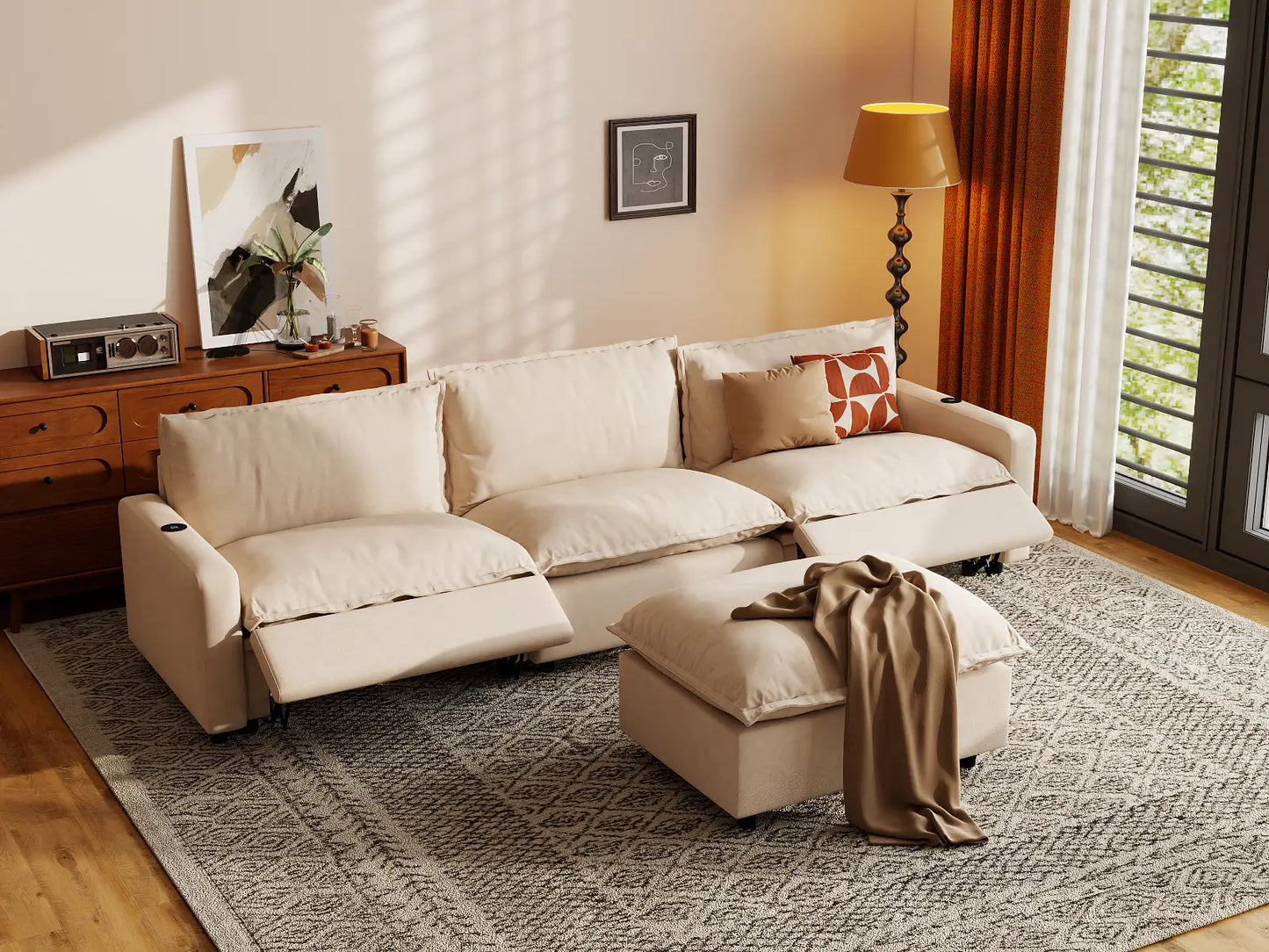 Modular Cero Reclining Sectionals | 4-Piece Beige Linen Large Space Chaise Sectionals 3-Seater with 1-Ottoman