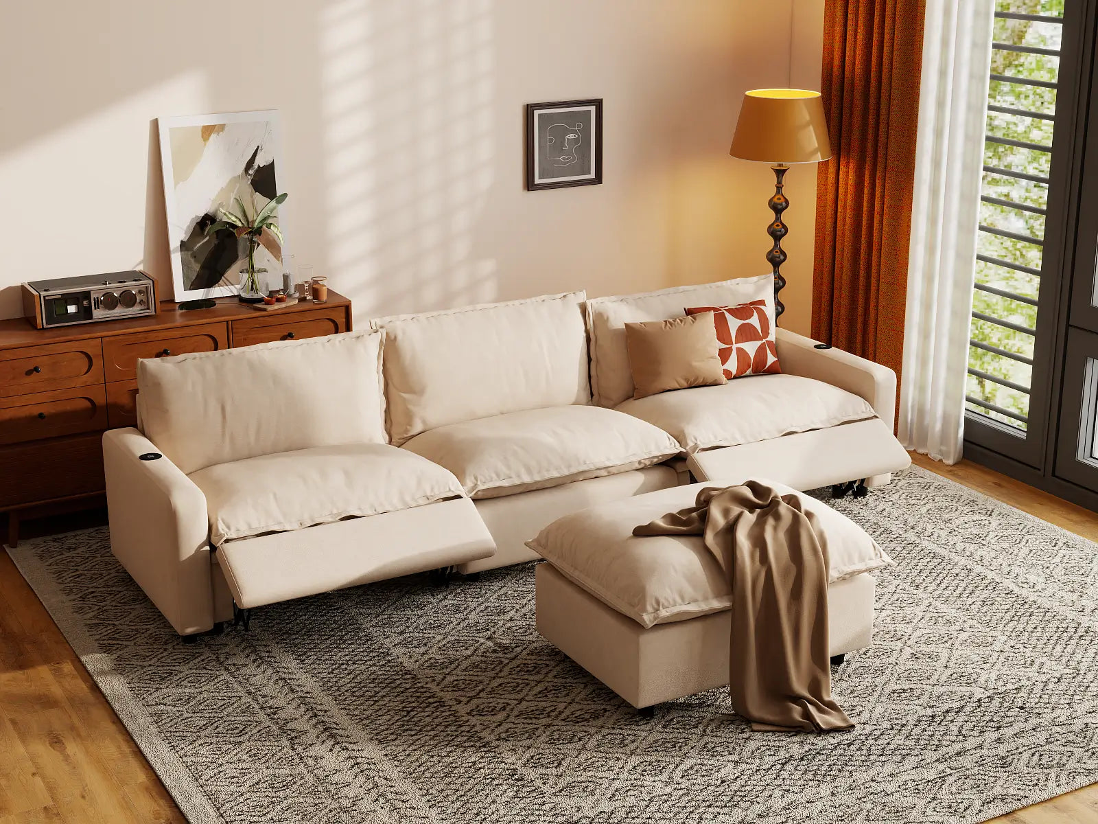 Modular Cero Reclining Sectional with Chaise | 4-Piece Beige Linen Large Space Chaise Sectionals 3-Seater with 1-Ottoman
