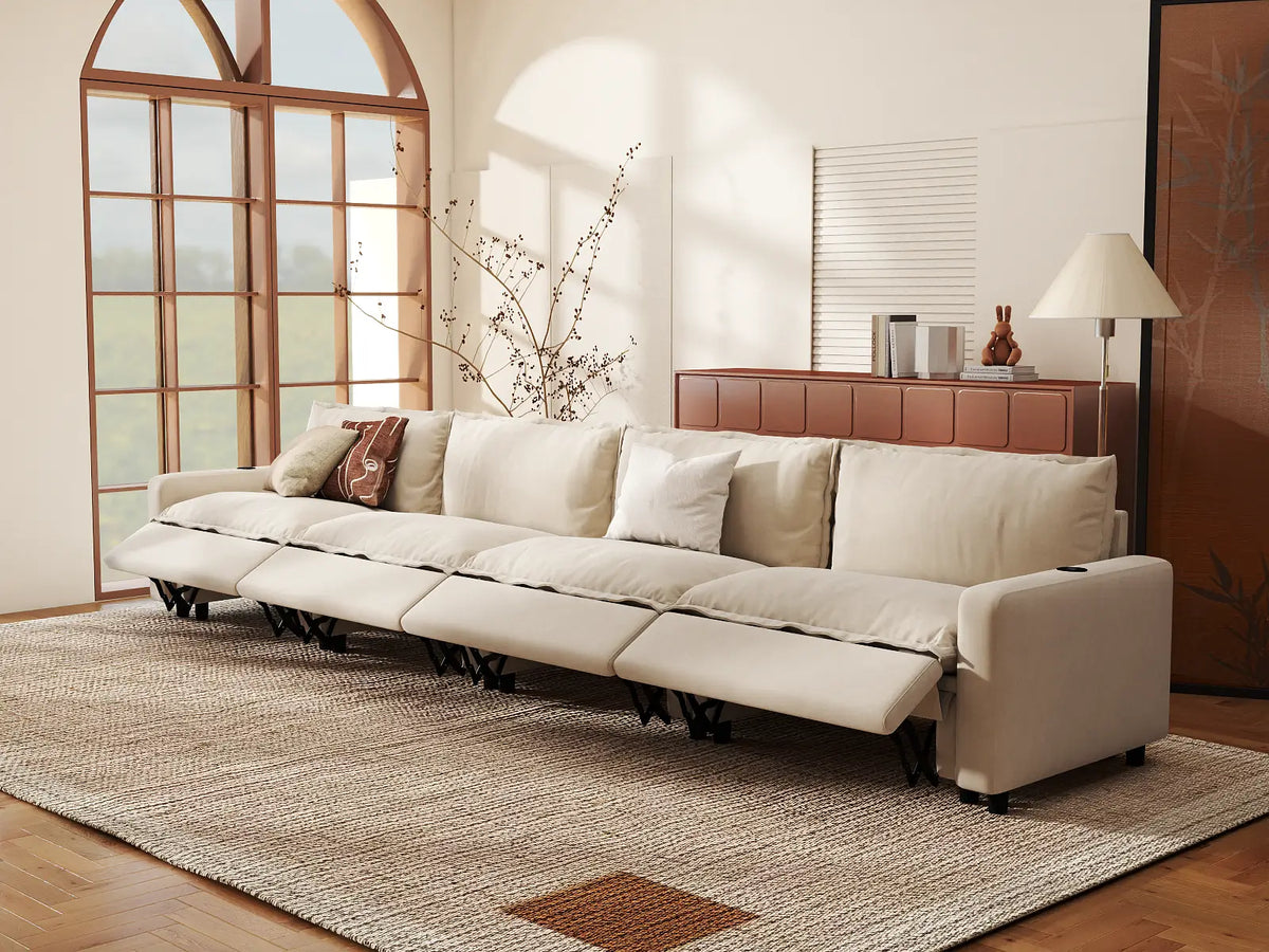 Modular Cero Reclining Sectionals | 4-Piece Beige Linen Large Space Couch Sectionals 4-Seater