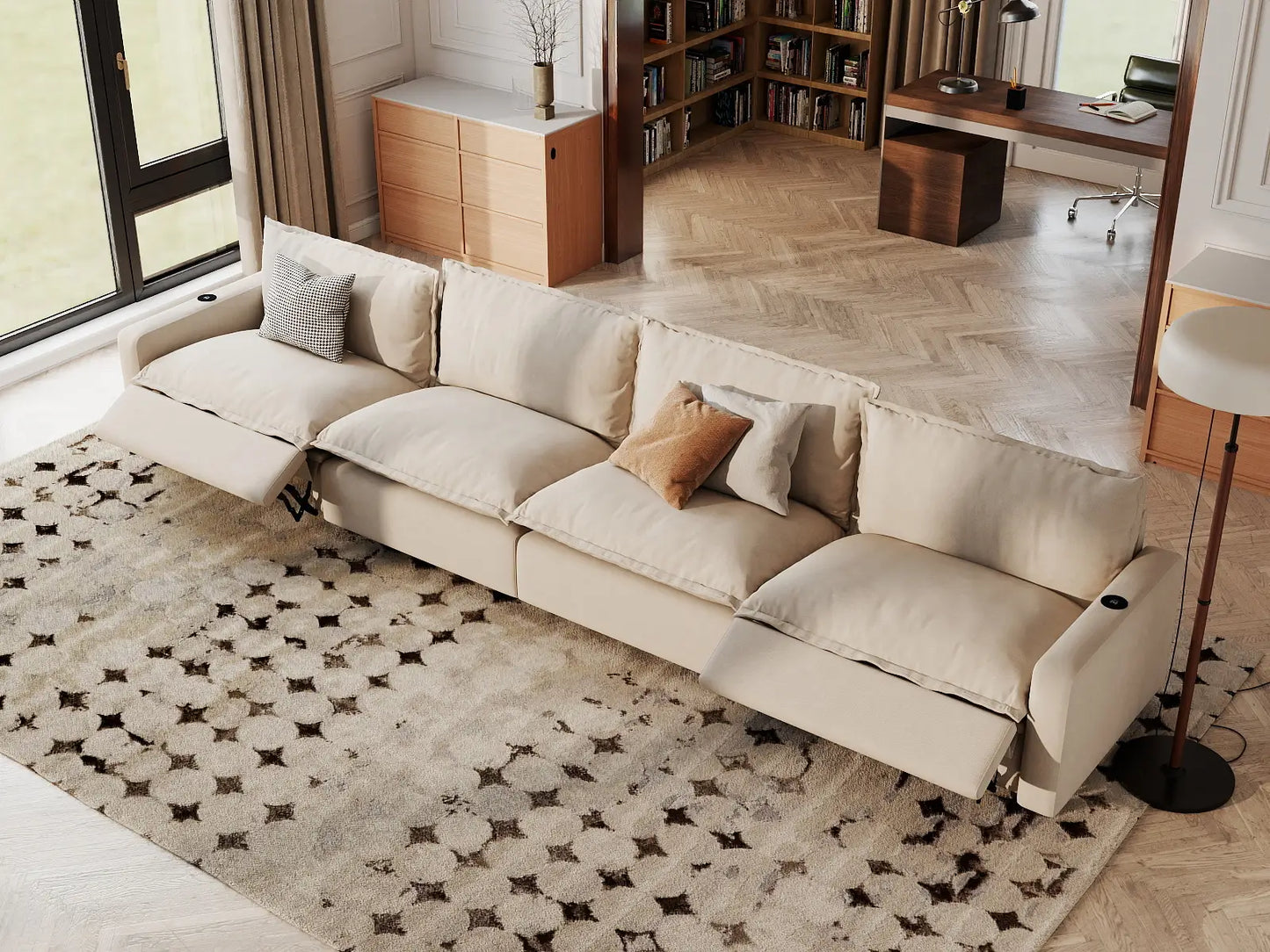 Modular Cero Reclining Sectionals | 4-Piece Beige Linen Large Space Couch Sectionals 4-Seater