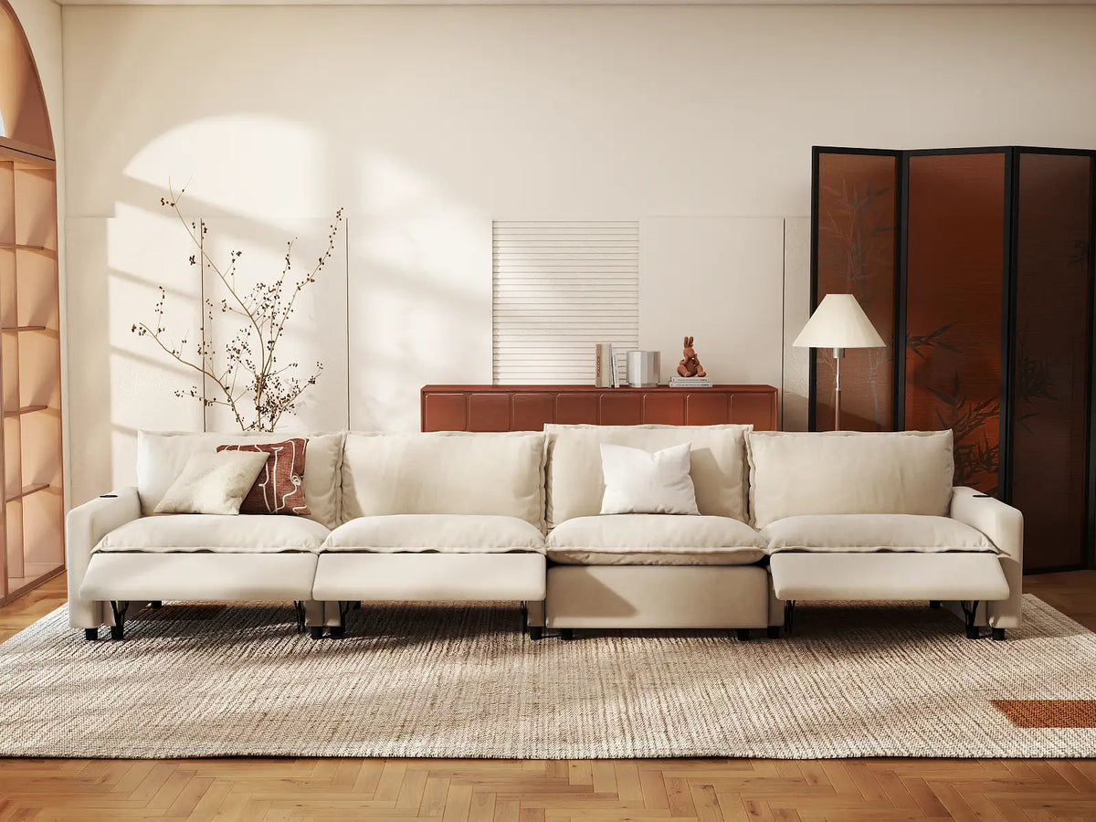 Modular Cero Reclining Sectionals | 4-Piece Beige Linen Large Space Couch Sectionals 4-Seater