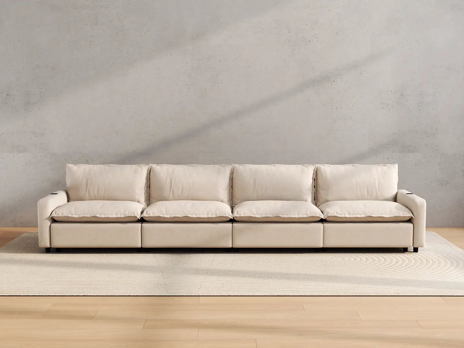 Modular Cero Sectional Recliner Couch | 4-Piece Beige Linen Large Space Couch Sectionals 4-Seater