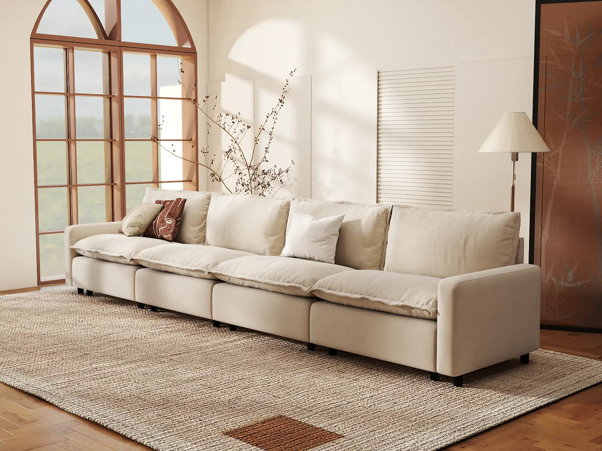 Modular Cero Modular Sectionals | 4-Piece Beige Linen Large Space Couch Sectionals 4-Seater