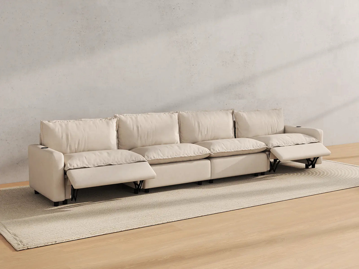 Modular Cero Reclining Sectionals | 4-Piece Beige Linen Large Space Couch Sectionals 4-Seater