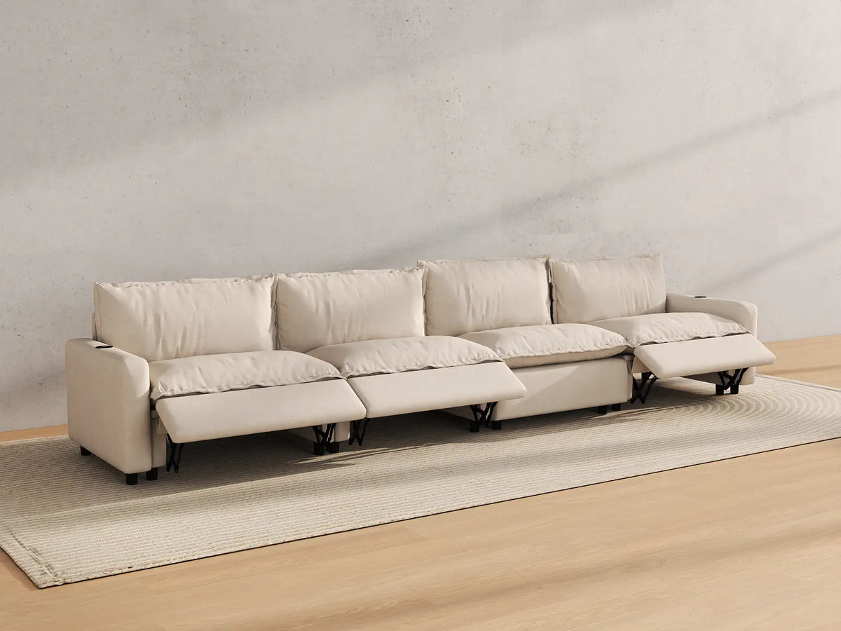 Modular Cero Reclining Sectionals | 4-Piece Beige Linen Large Space Couch Sectionals 4-Seater