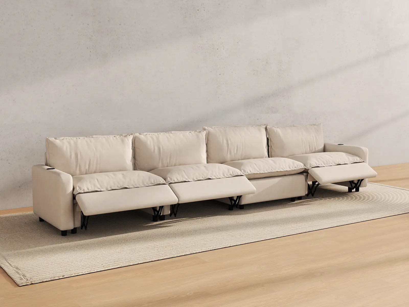Modular Cero Large Reclining Sectional Couch | 4-Piece Beige Linen Large Space Couch Sectionals 4-Seater