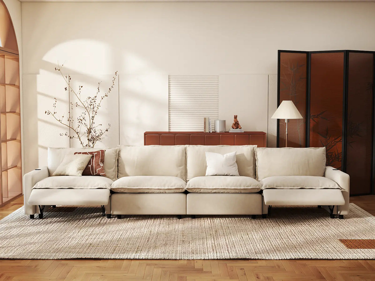 Modular Cero Reclining Sectionals | 4-Piece Beige Linen Large Space Couch Sectionals 4-Seater