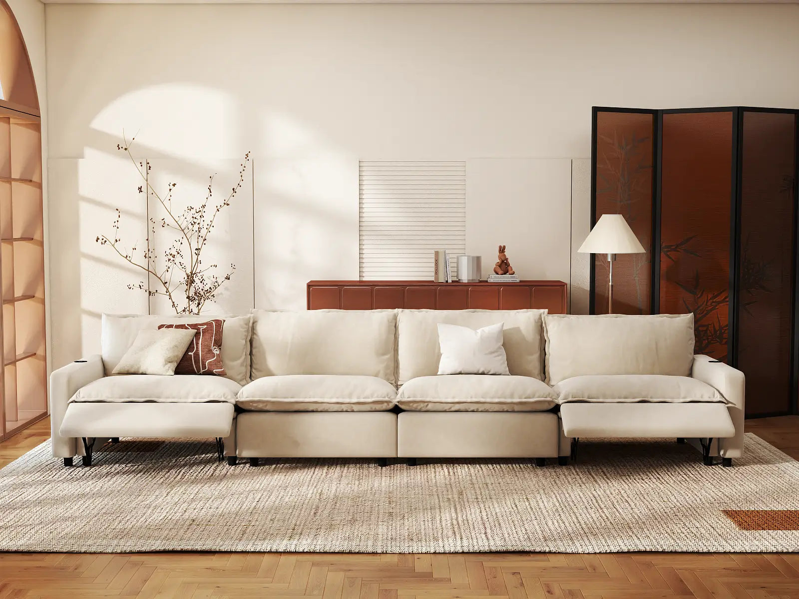 Modular Cero Reclining Sectional Couch | 4-Piece Beige Linen Large Space Couch Sectionals 4-Seater