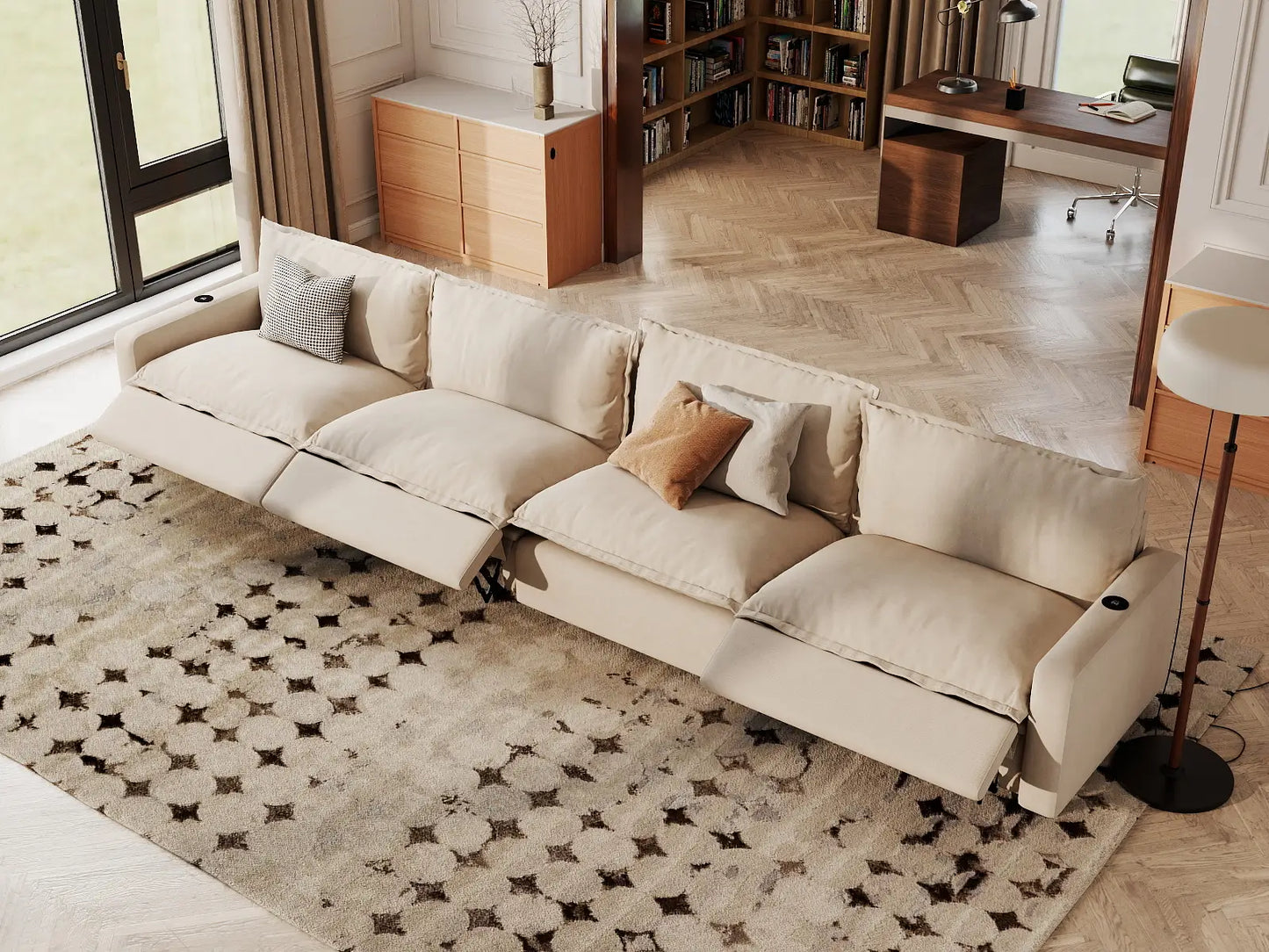 Modular Cero Reclining Sectionals | 4-Piece Beige Linen Large Space Couch Sectionals 4-Seater
