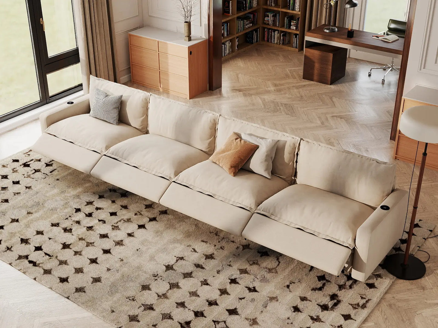 Modular Cero Reclining Sectionals | 4-Piece Beige Linen Large Space Couch Sectionals 4-Seater