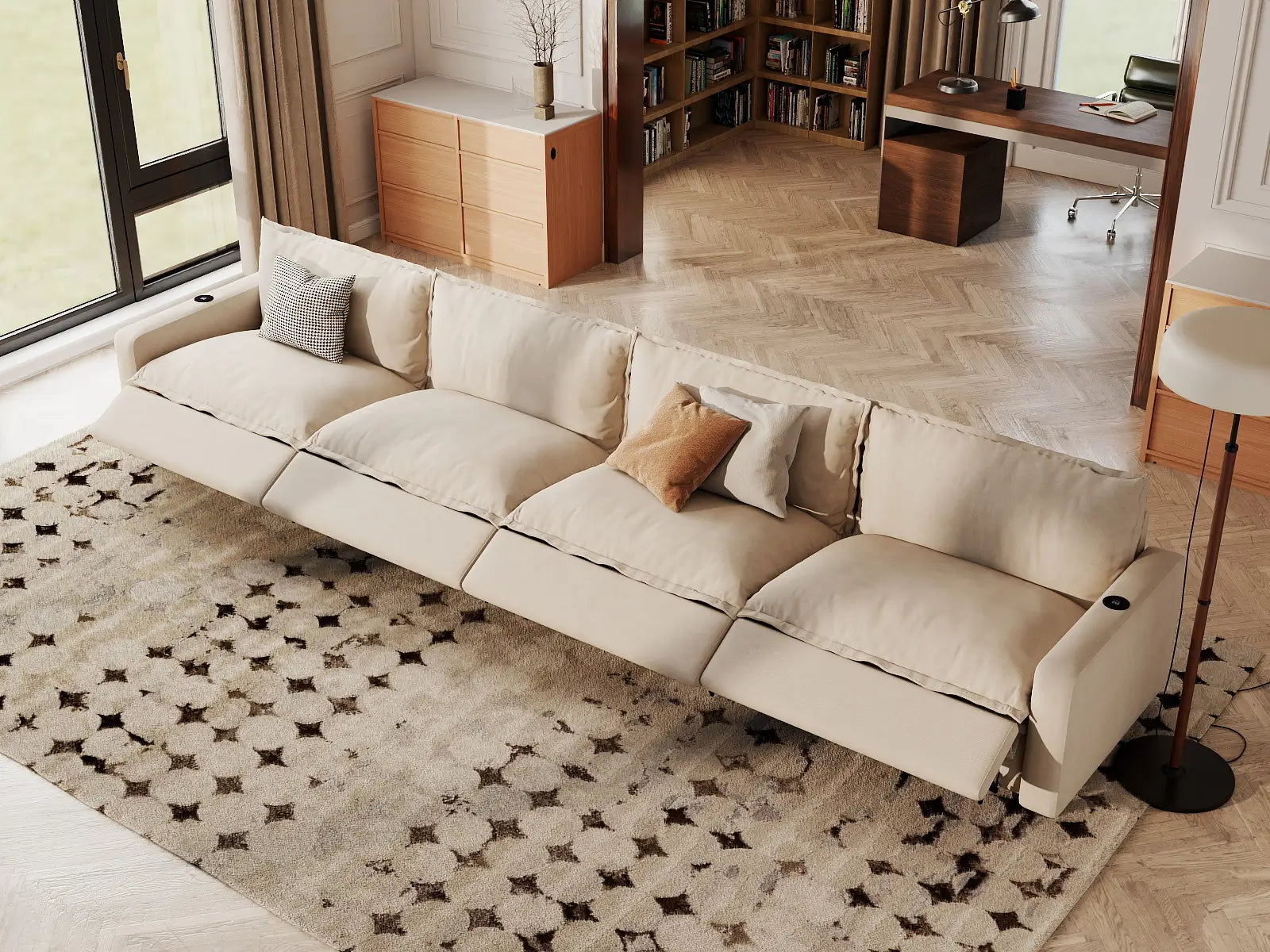 Modular Cero Sectional Recliner Couch | 4-Piece Beige Linen Large Space Couch Sectionals 4-Seater