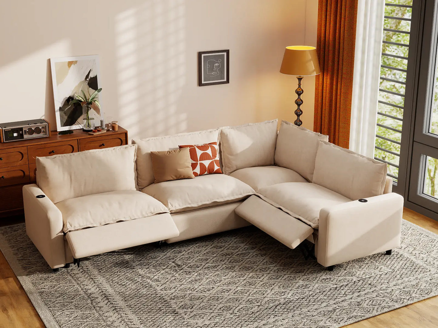 Modular Cero Electric Reclining Sectional | 4-Piece Beige Linen Large Space L-Shaped Sectionals 4-Seater