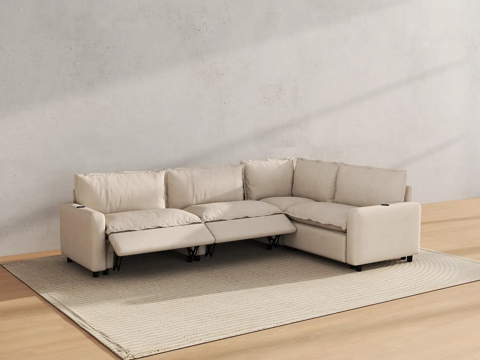 Modular Cero Electric Reclining Sectional | 4-Piece Beige Linen Large Space L-Shaped Sectionals 4-Seater