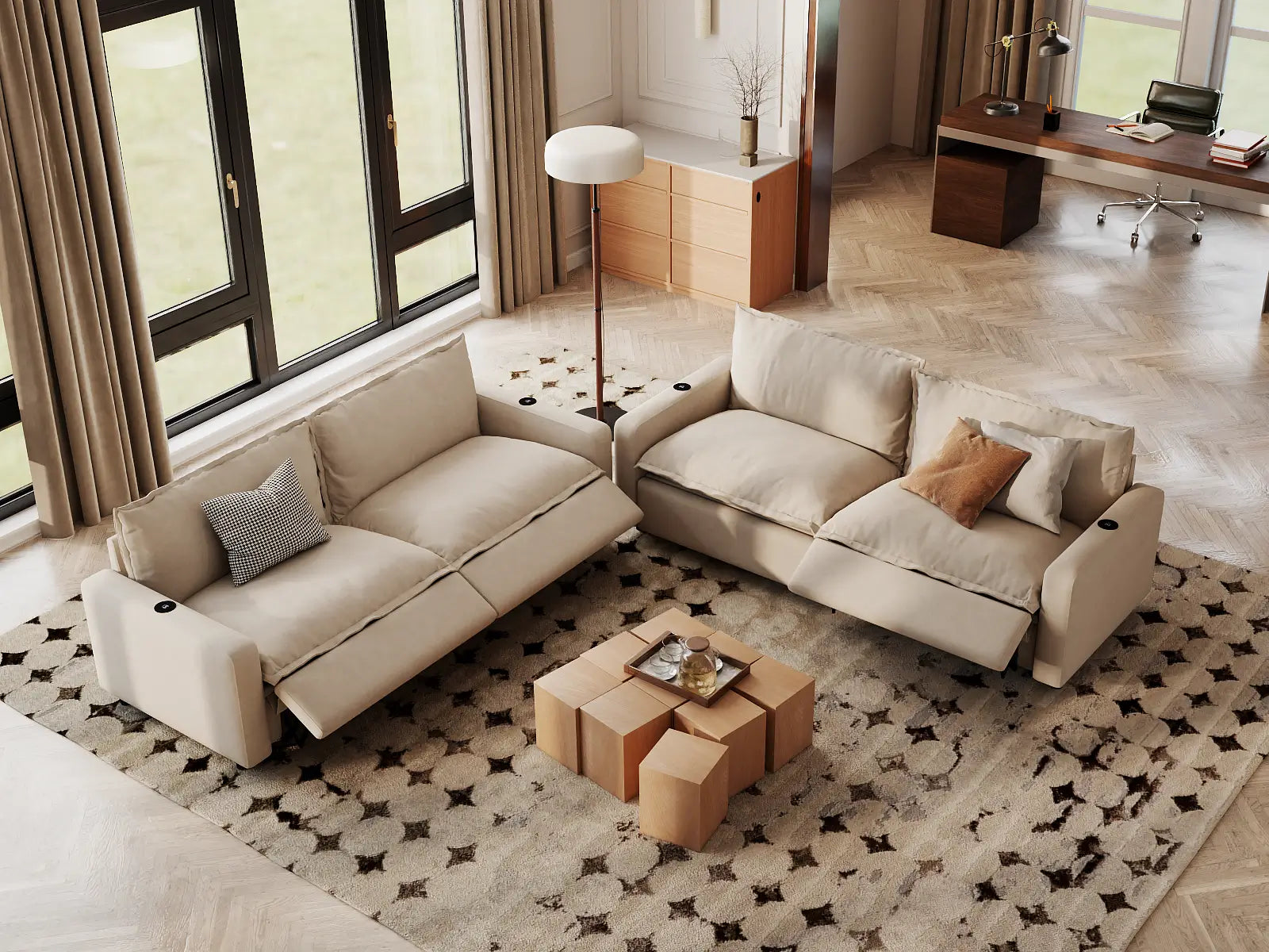 Modular Cero Power Reclining Sectional | 4-Piece Beige Linen Large Space V-Shaped Sectionals 4-Seater