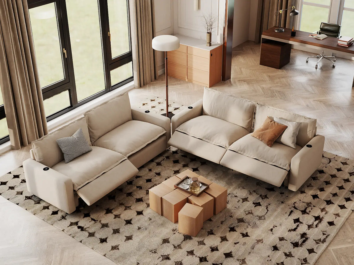 Modular Cero Reclining Sectionals | 4-Piece Beige Linen Large Space V-Shaped Sectionals 4-Seater