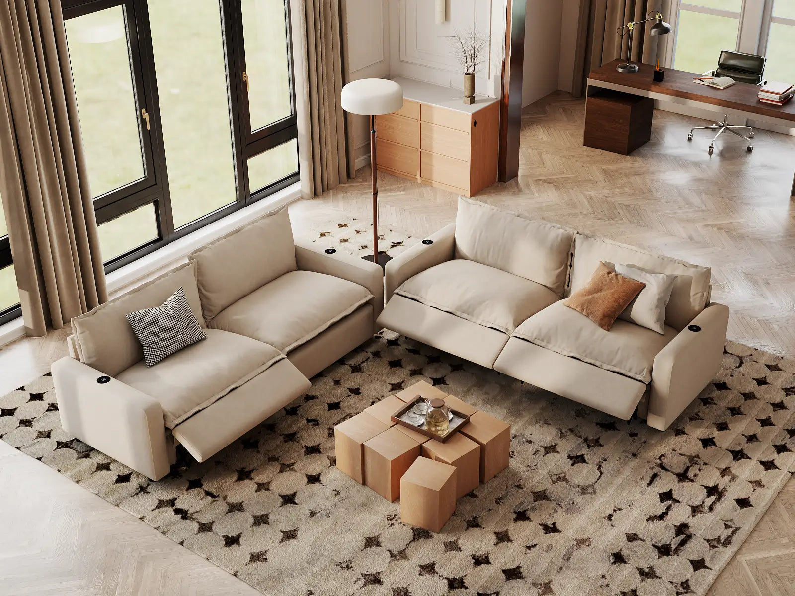 Modular Cero Power Reclining Sectional | 4-Piece Beige Linen Large Space V-Shaped Sectionals 4-Seater