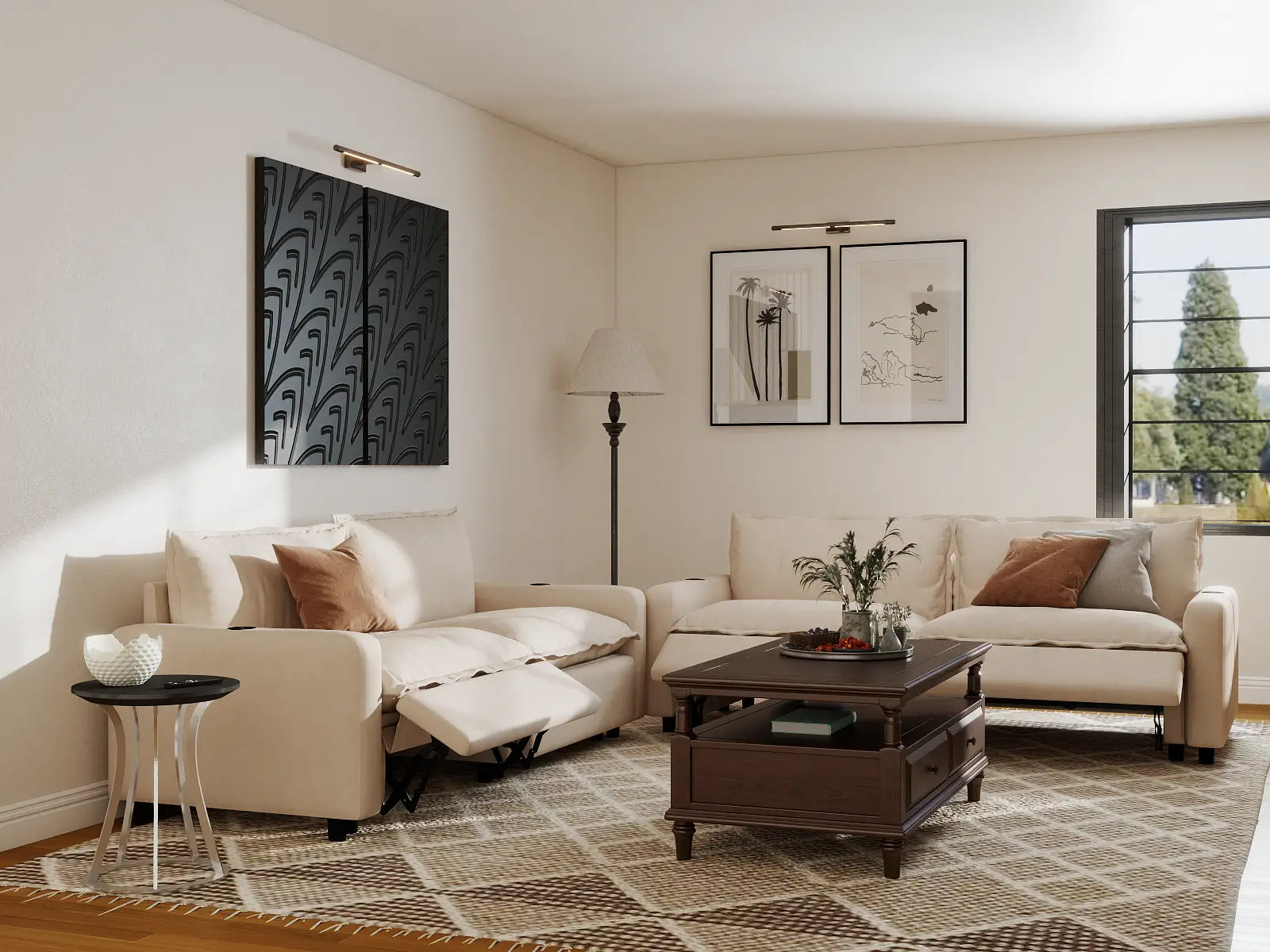 Modular Cero Power Reclining Sectional | 4-Piece Beige Linen Large Space V-Shaped Sectionals 4-Seater