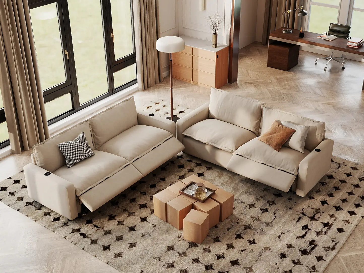 Modular Cero Reclining Sectionals | 4-Piece Beige Linen Large Space V-Shaped Sectionals 4-Seater
