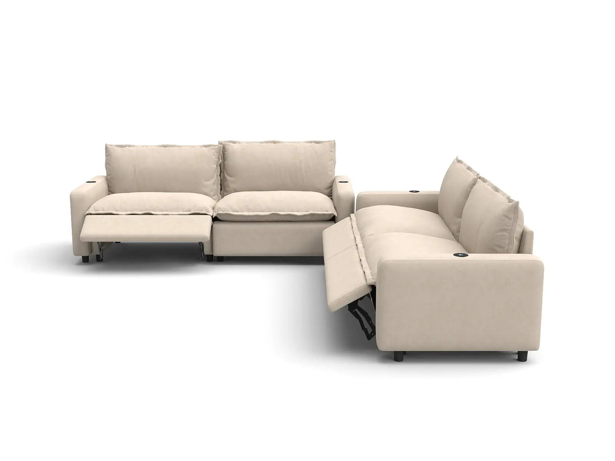 Modular Cero Reclining Sectionals | 4-Piece Beige Linen Large Space V-Shaped Sectionals 4-Seater