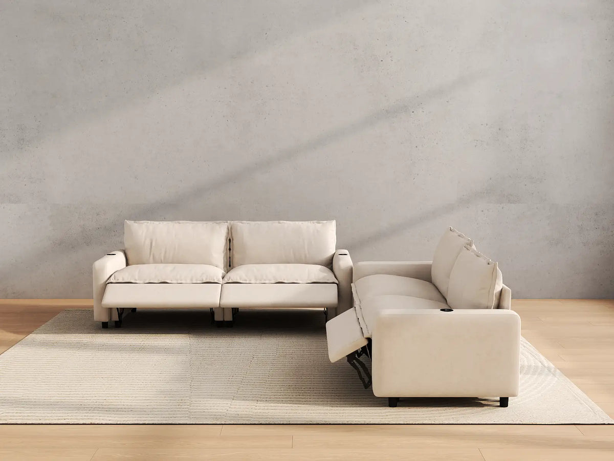 Modular Cero Reclining Sectionals | 4-Piece Beige Linen Large Space V-Shaped Sectionals 4-Seater