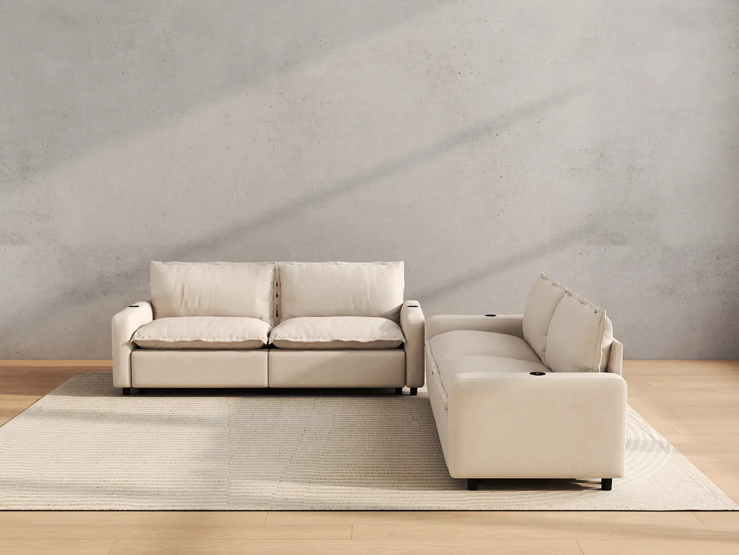 Modular Cero Reclining Sectionals | 4-Piece Beige Linen Large Space V-Shaped Sectionals 4-Seater