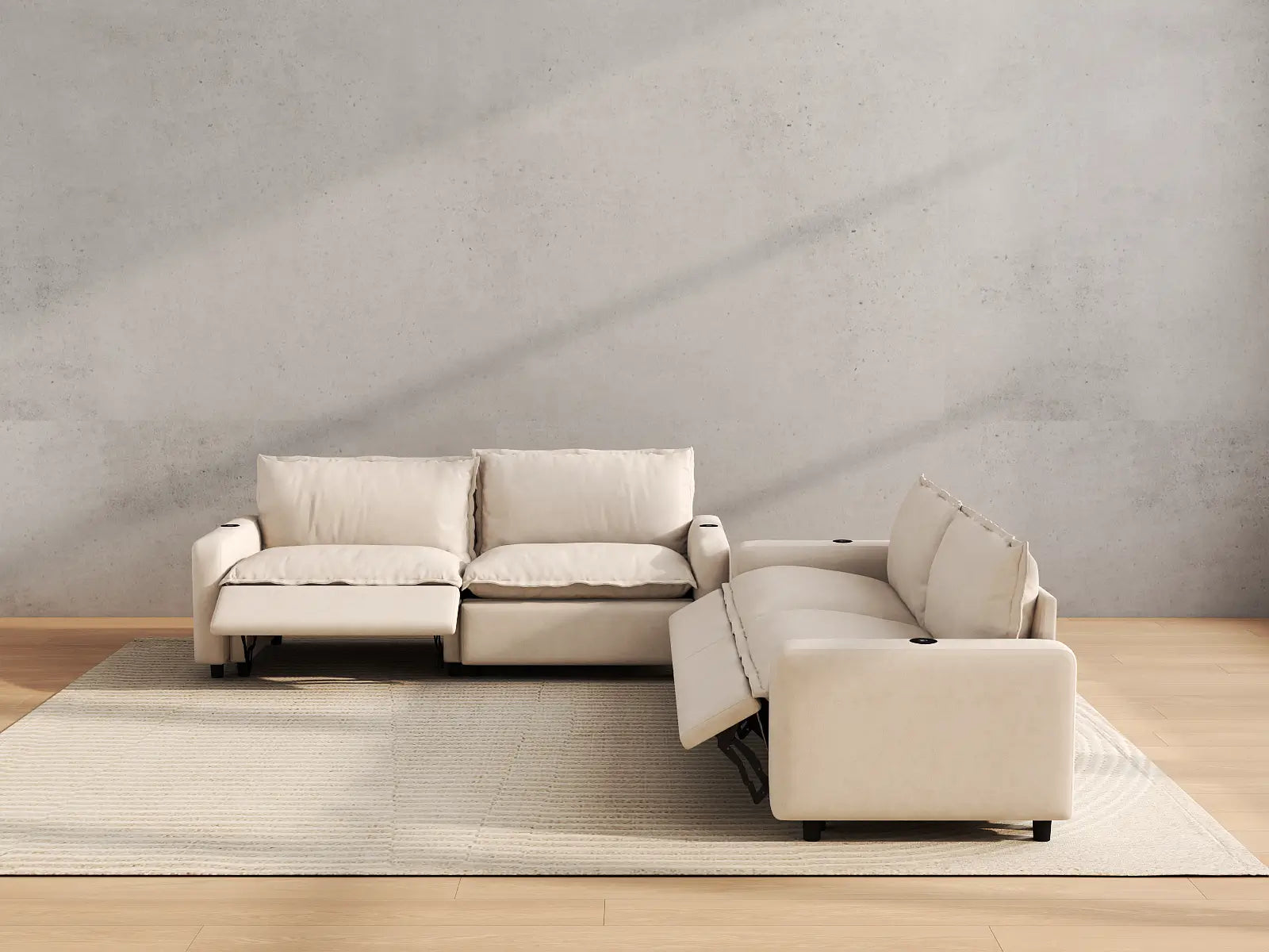 Modular Cero Power Reclining Sectional | 4-Piece Beige Linen Large Space V-Shaped Sectionals 4-Seater