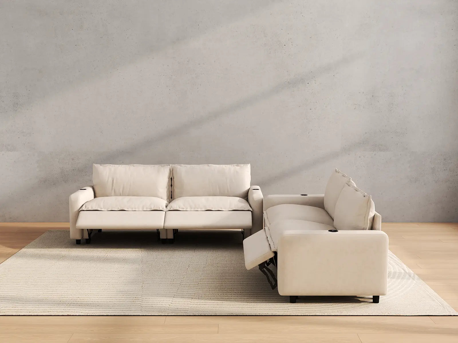 Modular Cero Power Reclining Sectional | 4-Piece Beige Linen Large Space V-Shaped Sectionals 4-Seater