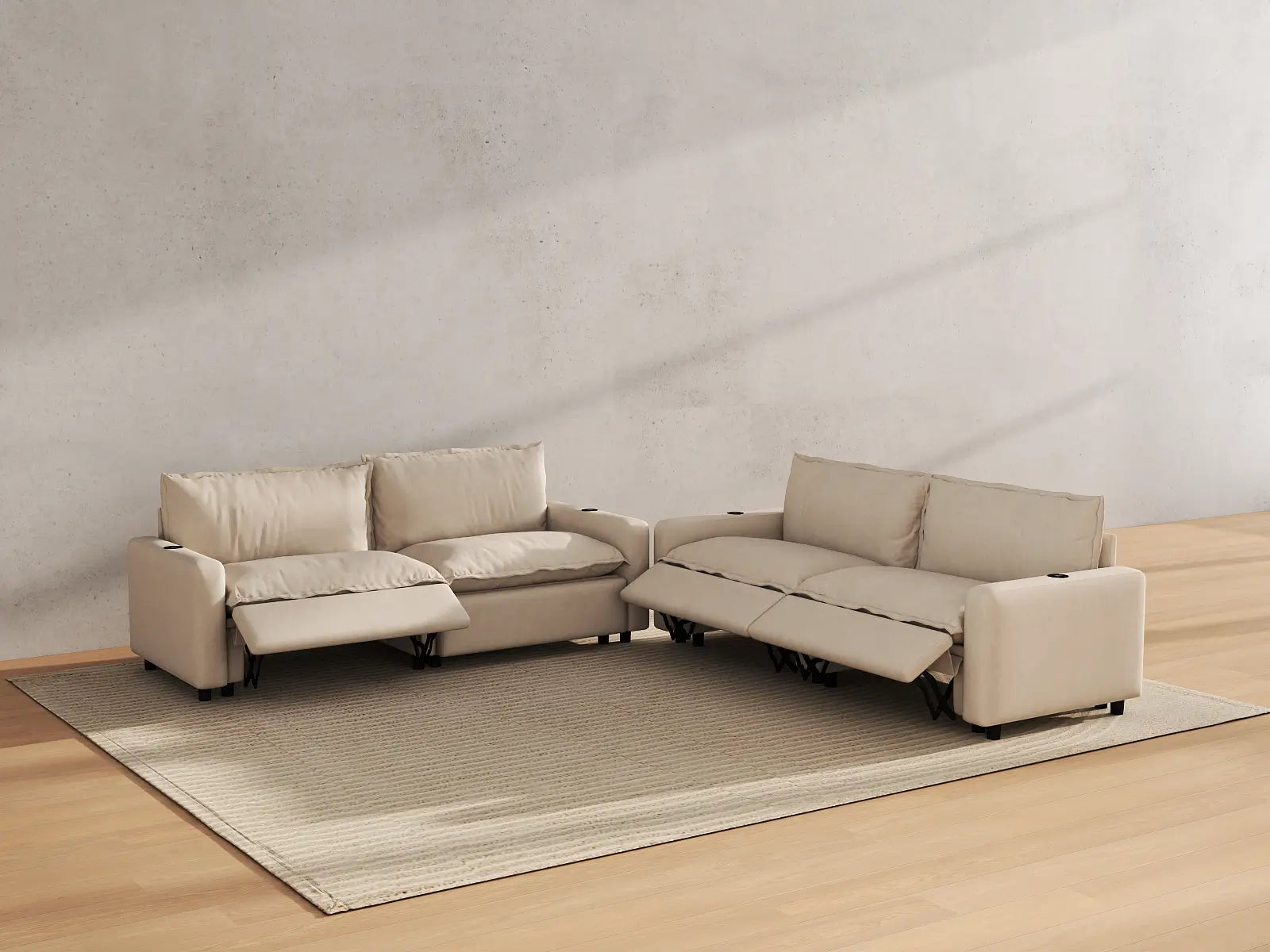 Modular Cero Power Reclining Sectional | 4-Piece Beige Linen Large Space V-Shaped Sectionals 4-Seater
