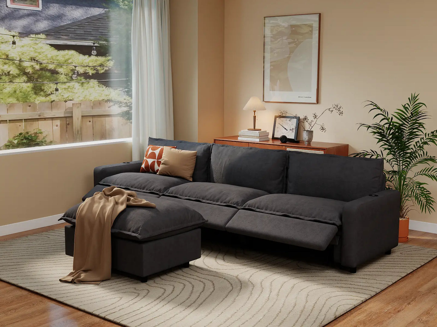 Modular Cero Reclining Sectionals | 4-Piece Grey Linen Home Living Chaise Sectionals 3-Seater with 1-Ottoman