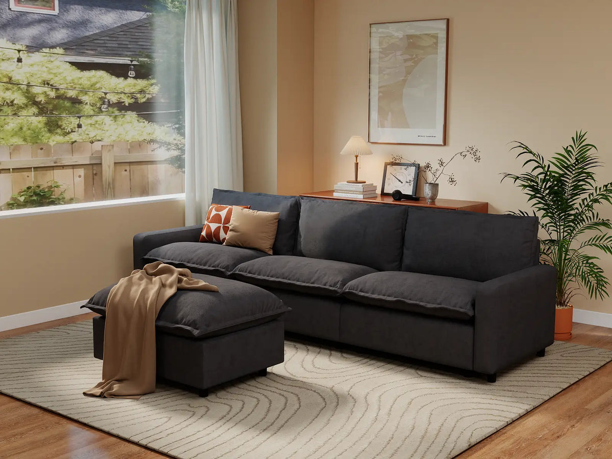 Modular Cero Modular Sectionals | 4-Piece Grey Linen Home Living Chaise Sectionals 3-Seater with 1-Ottoman