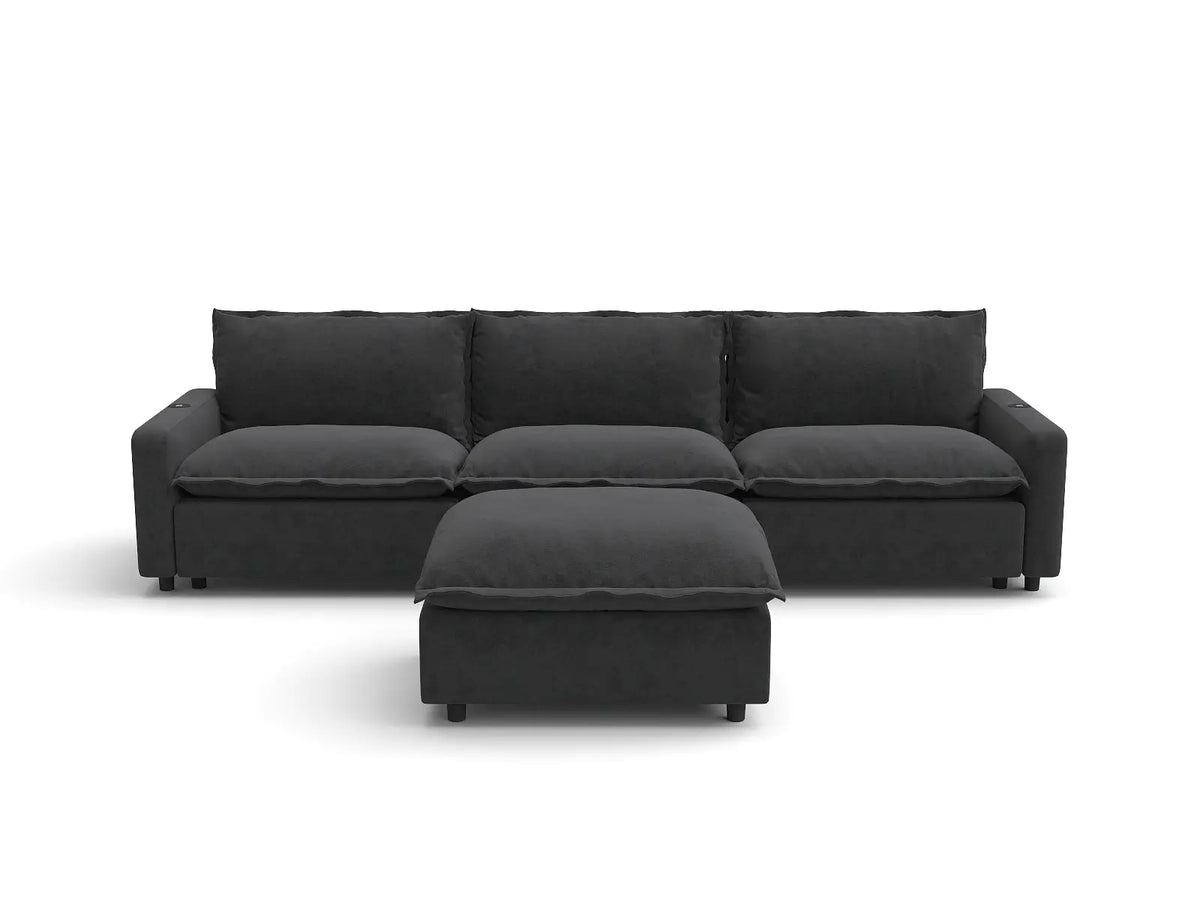 Modular Cero Reclining Sectionals | 4-Piece Grey Linen Home Living Chaise Sectionals 3-Seater with 1-Ottoman