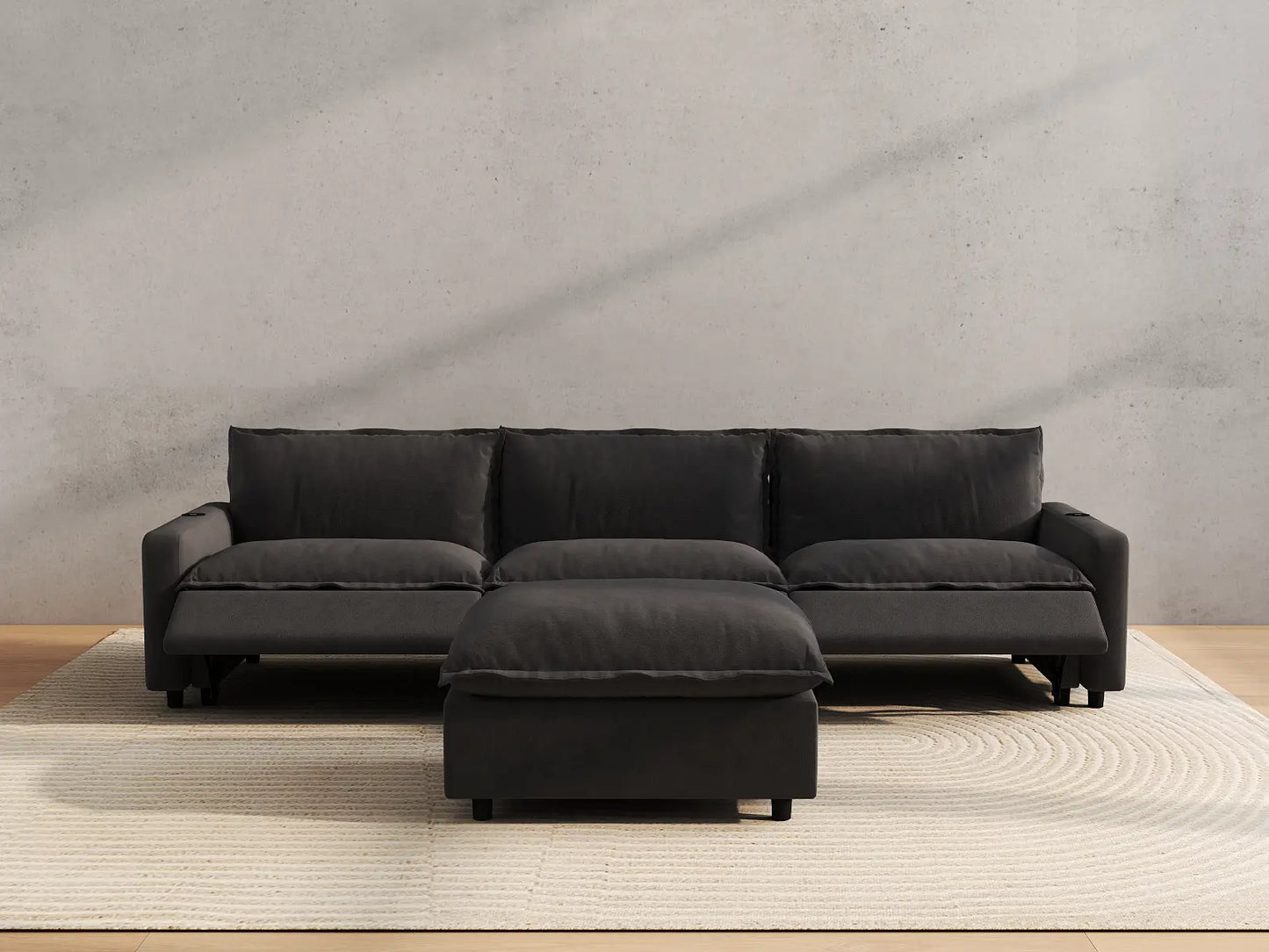 Modular Cero Reclining Sectionals | 4-Piece Grey Linen Home Living Chaise Sectionals 3-Seater with 1-Ottoman