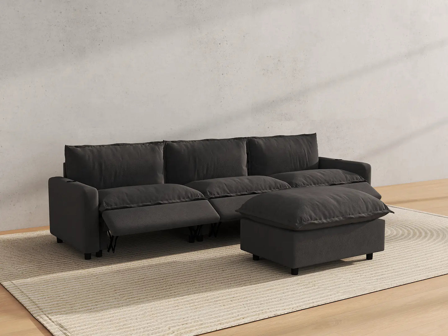 Modular Cero Reclining Sectionals | 4-Piece Grey Linen Home Living Chaise Sectionals 3-Seater with 1-Ottoman