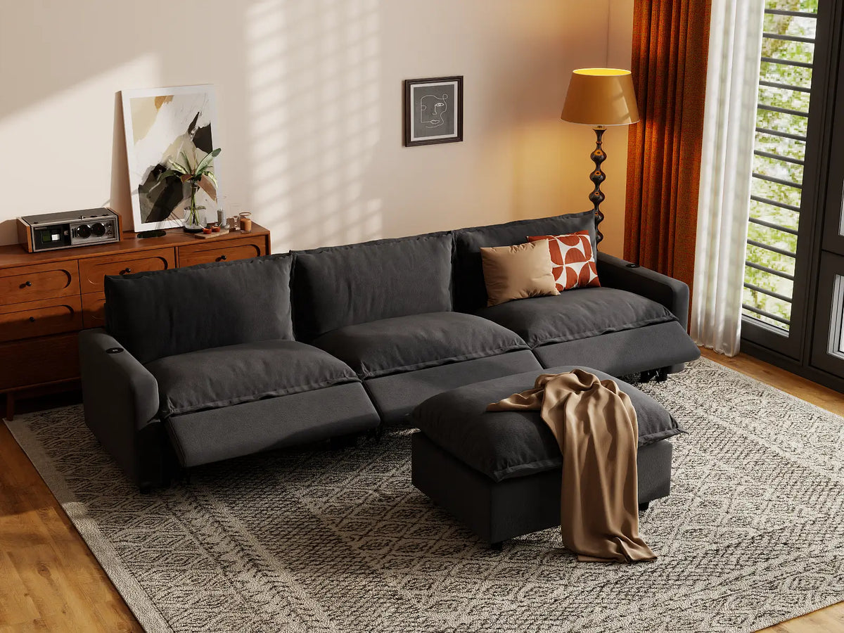Modular Cero Reclining Sectionals | 4-Piece Grey Linen Home Living Chaise Sectionals 3-Seater with 1-Ottoman