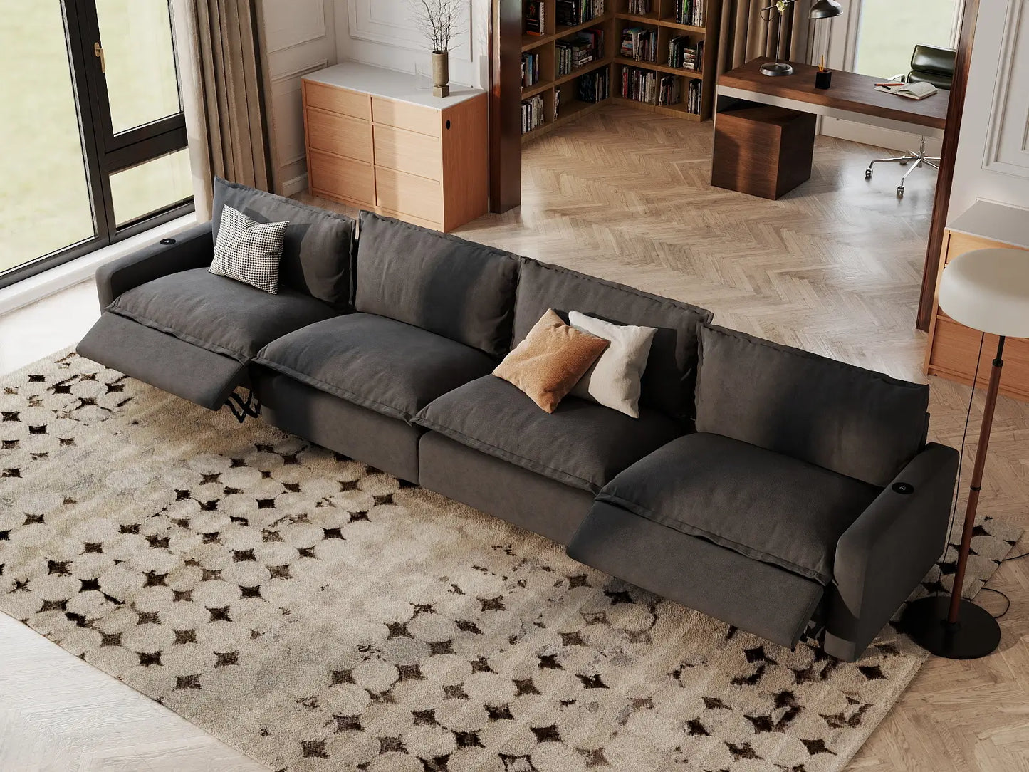 Modular Cero Reclining Sectionals | 4-Piece Grey Linen Home Living Couch Sectionals 4-Seater