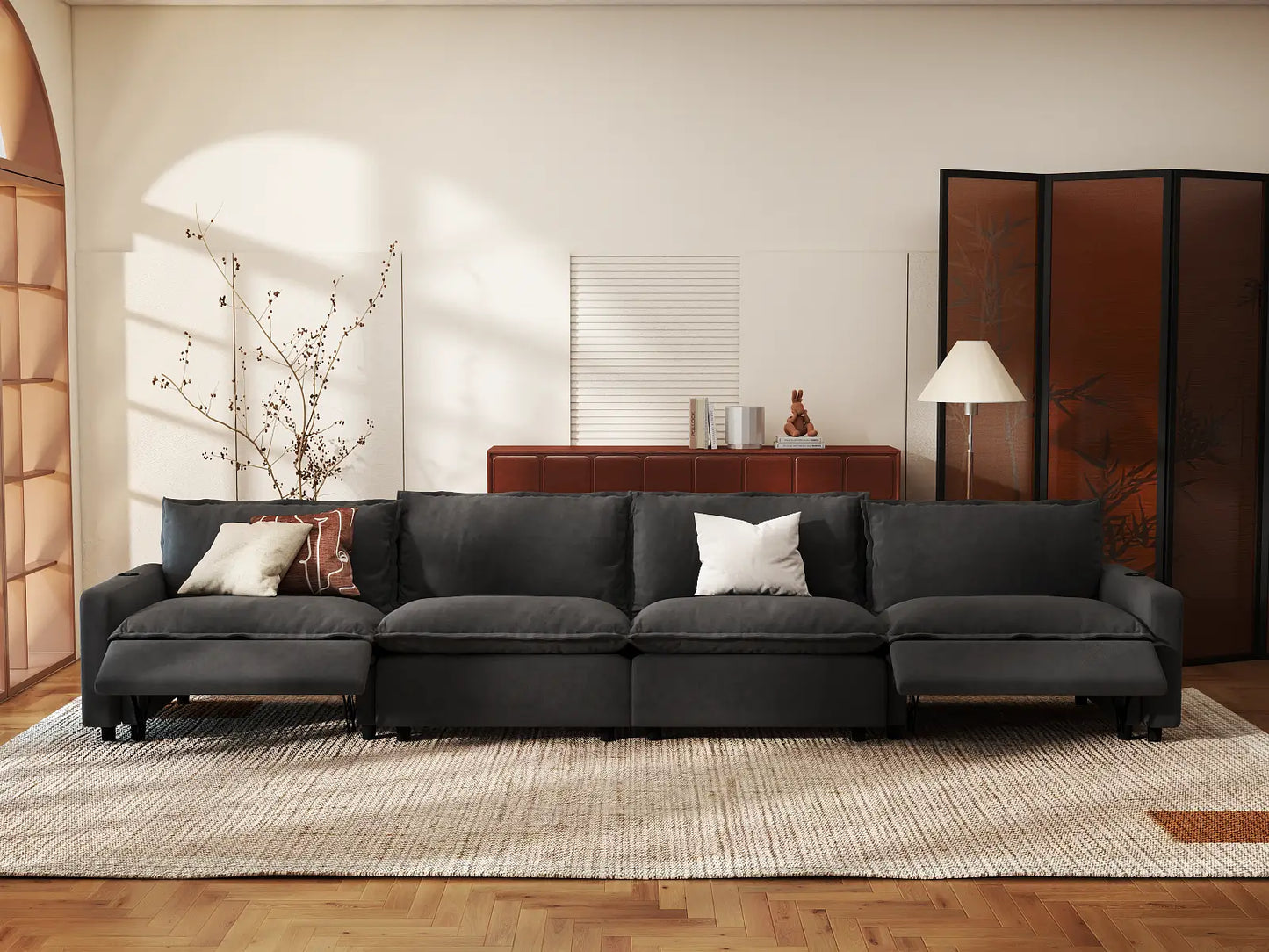 Modular Cero Reclining Sectionals | 4-Piece Grey Linen Home Living Couch Sectionals 4-Seater